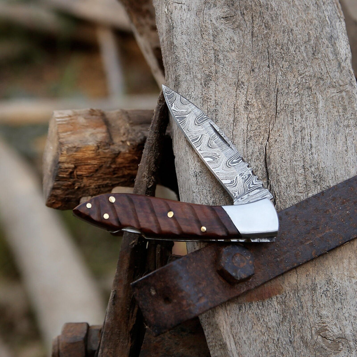 Custom Handmade Damascus Steel Pocket Knife with Rosewood Handle & Steel Bolster – 3" Overall Length, Includes Leather Sheath