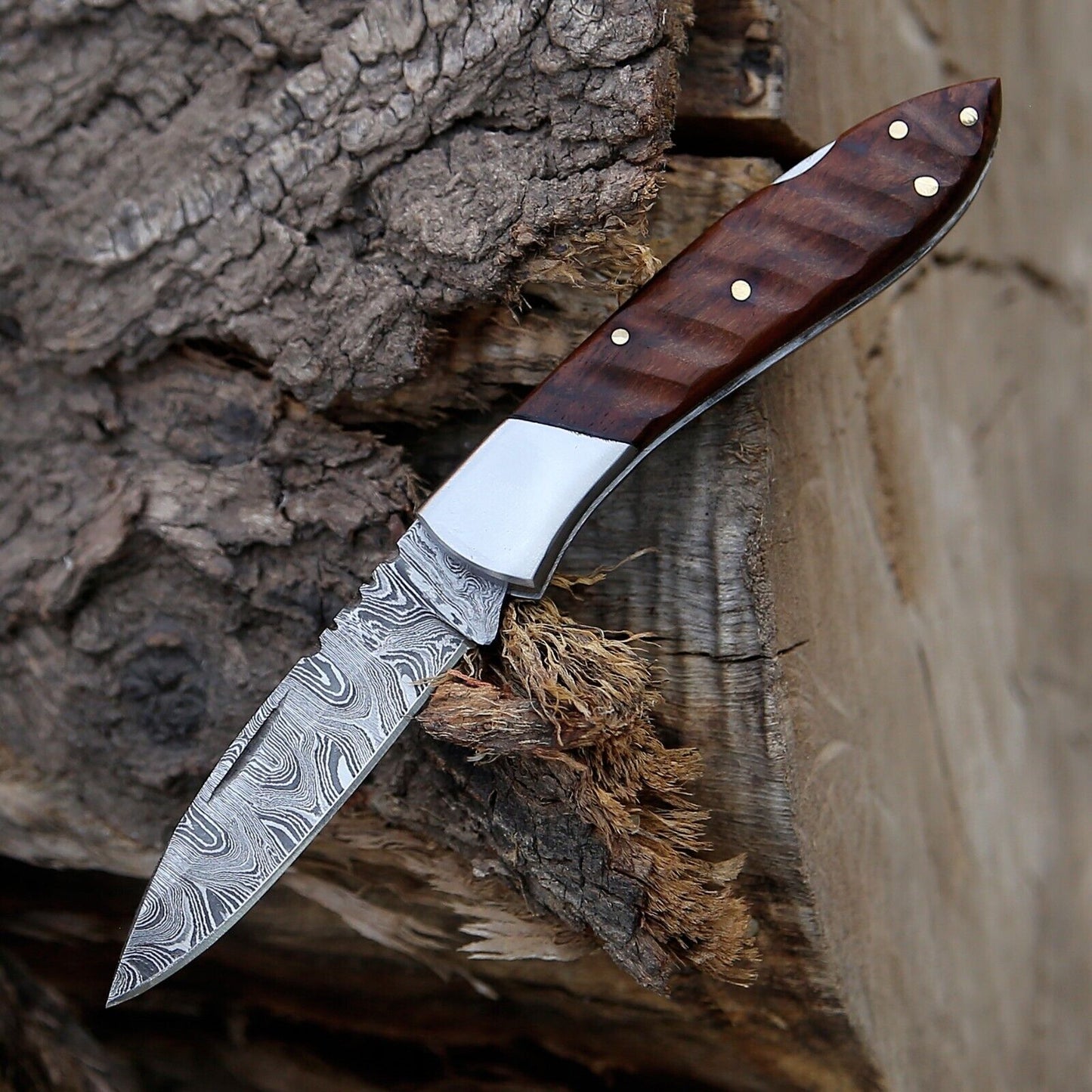 Custom Handmade Damascus Steel Pocket Knife with Rosewood Handle & Steel Bolster – 3" Overall Length, Includes Leather Sheath