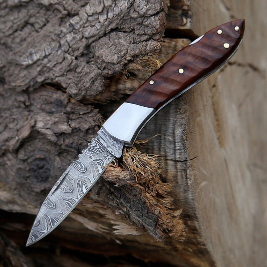Custom Handmade Damascus Steel Pocket Knife with Rosewood Handle & Steel Bolster – 3" Overall Length, Includes Leather Sheath