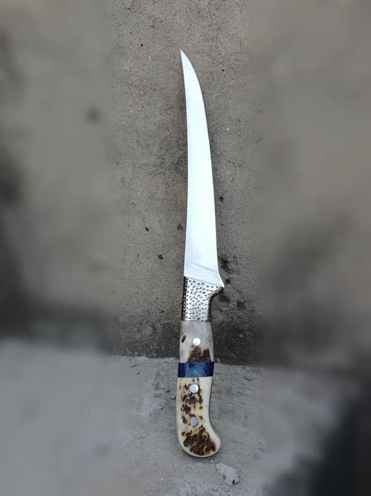 Custom D2 Steel Fillet Knife with Antler Horn Handle and Steel Bolster - Includes Leather Roll Kit