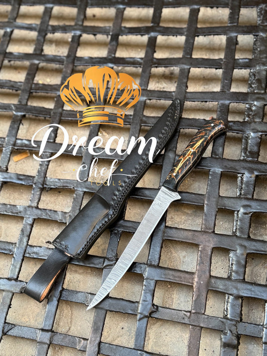Best Fillet Knives – 13" Damascus Steel Blade with Black Pine Cone Resin Handle & Leather Sheath