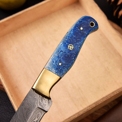 Handmade Damascus Fillet Knife – Brass & Resin Handle with Leather Sheath | Best Fillet Knife