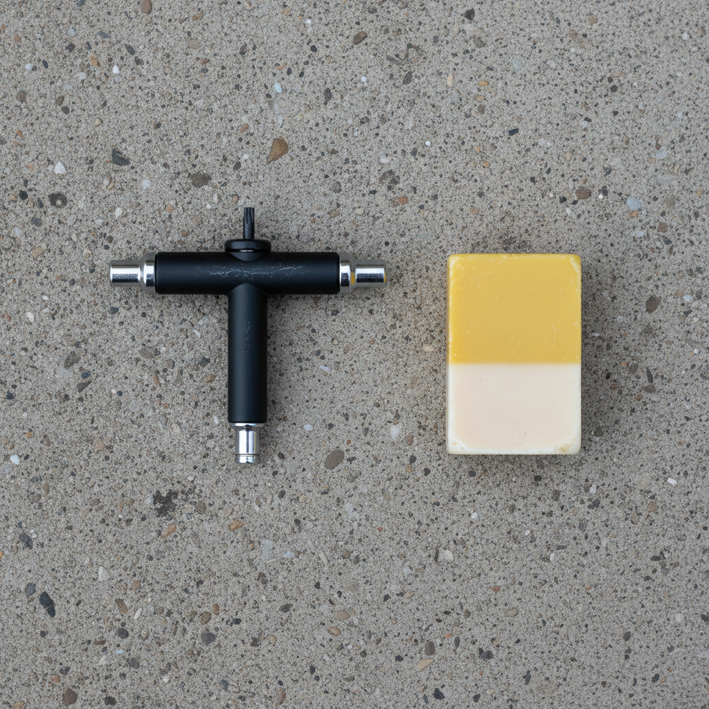 T-Shape Skate Tool & Curb Wax Flat Lay